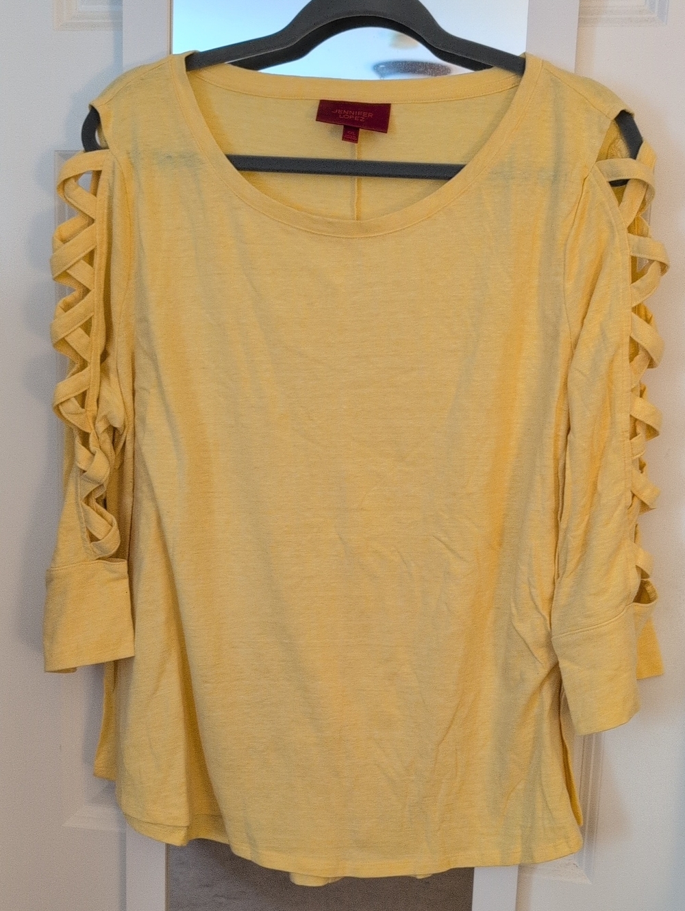 Jennifer Lopez Pale Yellow Cold-Shoulder Lattice Sleeve Top